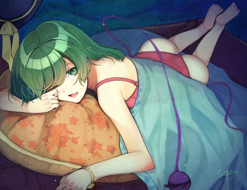 1girl barefoot green_eyes green_hair hat hat_removed headwear_removed komeiji_koishi lying on_stomach one_eye_closed open_mouth panties pillow red_panties scroll_lock_(scrool5) short_hair signature solo third_eye touhou underwear