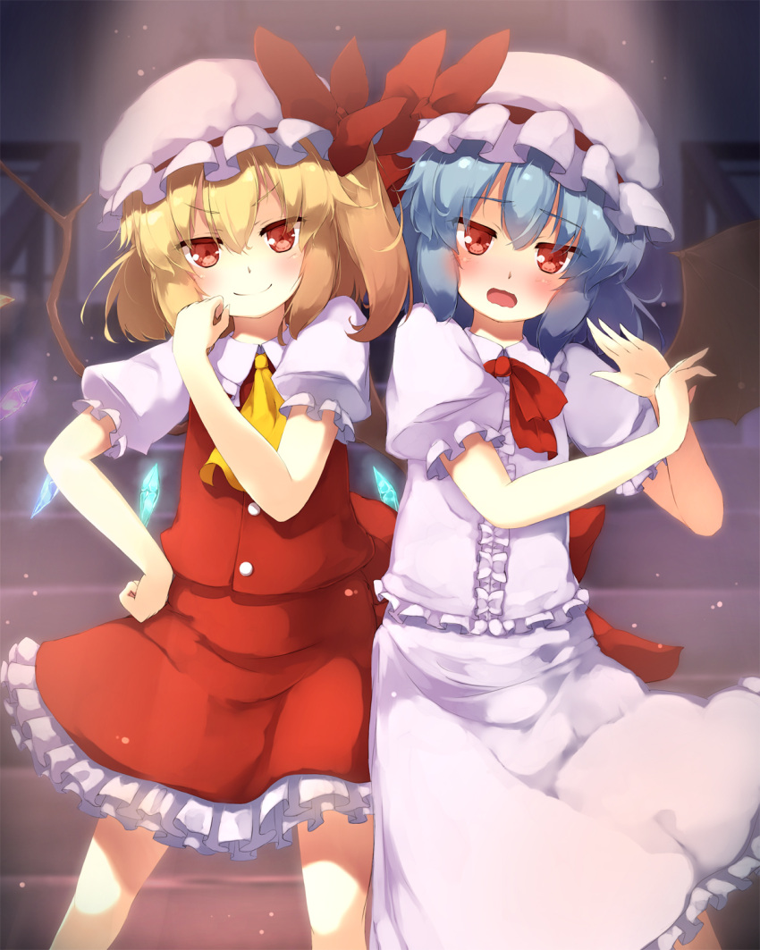 &gt;:) 2girls ascot bat_wings blonde_hair blue_hair cowboy_shot dress flandre_scarlet gengetsu_chihiro hat hat_ribbon highres looking_at_viewer miniskirt mob_cap multiple_girls open_mouth pink_dress puffy_short_sleeves puffy_sleeves red_dress red_eyes remilia_scarlet ribbon shirt short_sleeves siblings side_ponytail sisters skirt skirt_set smile touhou wavy_mouth wings