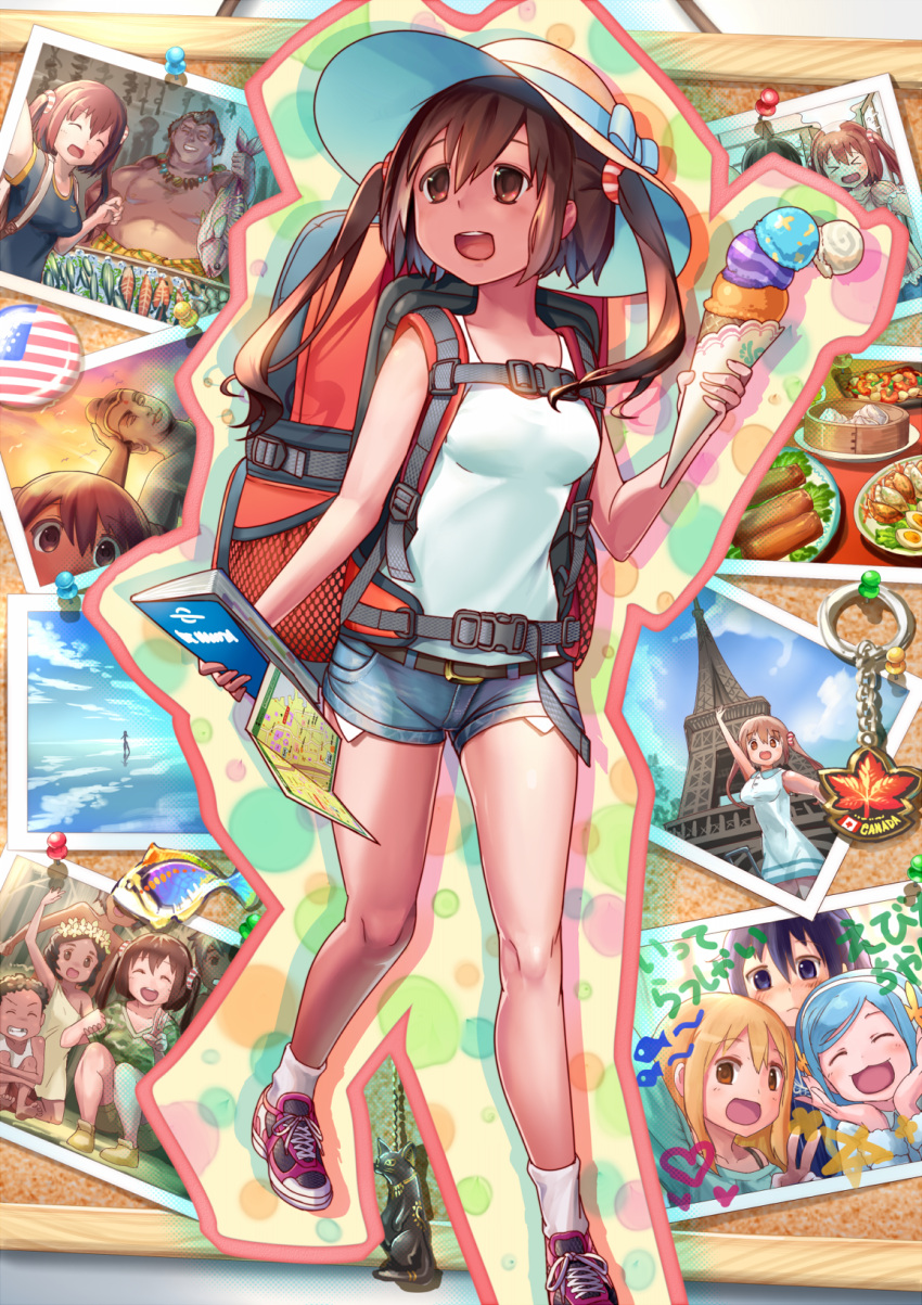 :3 :d backpack bag bare_shoulders blonde_hair blue_hair blush brown_eyes brown_hair buddha closed_eyes denim denim_shorts doma_umaru ebina_nana eiffel_tower food hairband hat highres himouto!_umaru-chan ice_cream long_hair looking_at_viewer map motoba_kirie multiple_girls open_mouth photo_(object) ponytail purple_hair red_eyes self_shot shoes shorts smile sneakers socks sun_hat tachibana_sylphynford tank_top travel twintails violet_eyes wavy_mouth white_legwear yuukoo