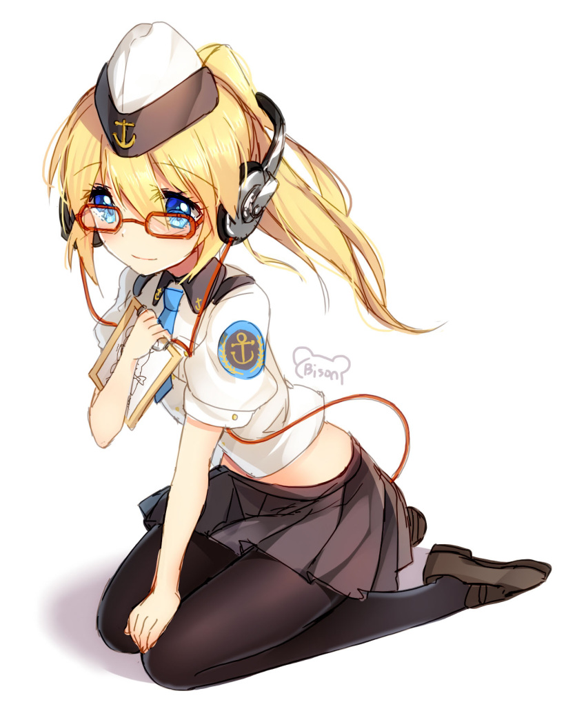 1girl artist_name bison_cangshu black_legwear blonde_hair blue_eyes character_request clipboard copyright_request full_body garrison_cap glasses hat headphones highres holding loafers midriff necktie pantyhose pleated_skirt ponytail red-framed_glasses shirt shoes sitting sketch skirt solo white_background