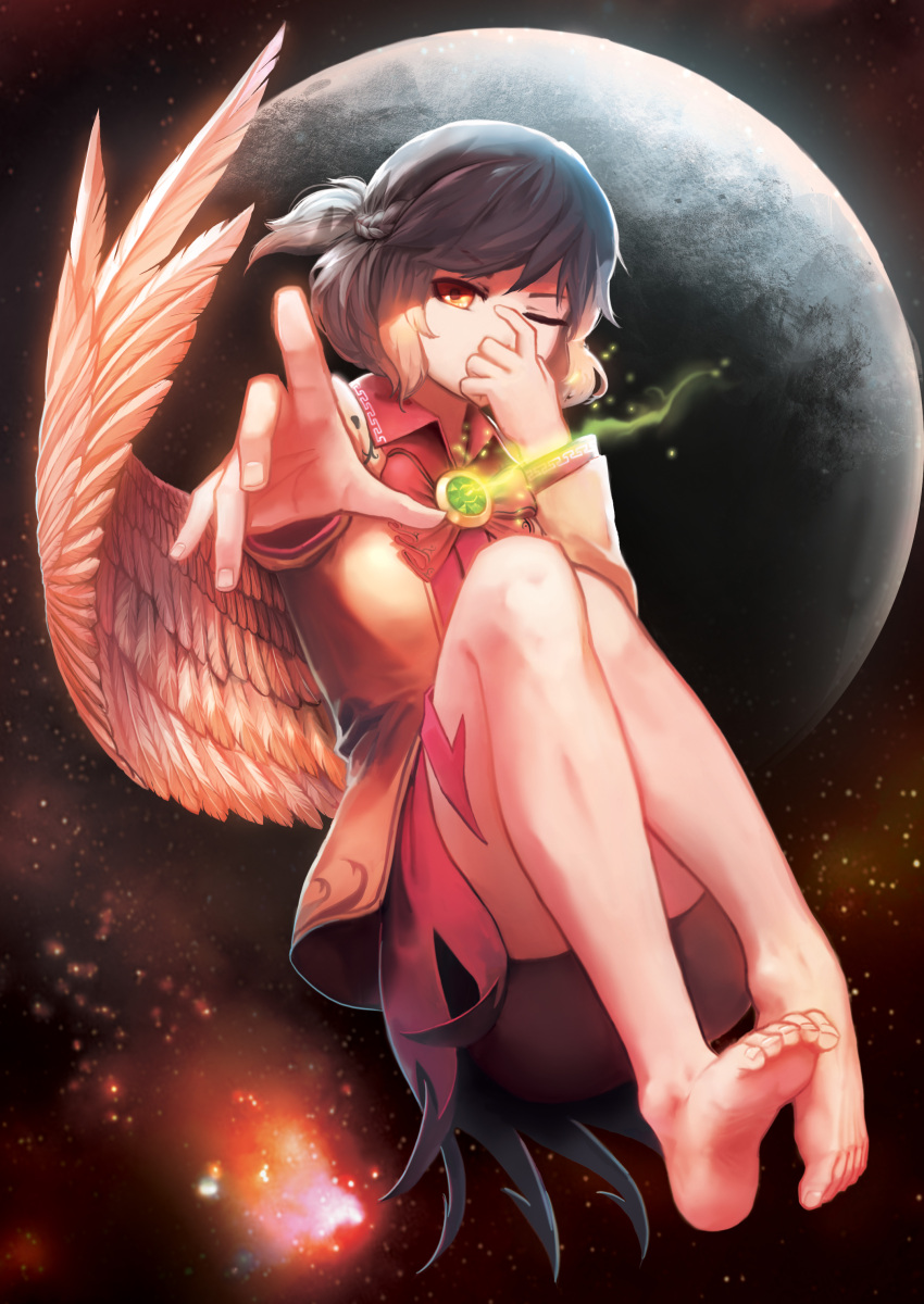 1girl absurdres bare_legs barefoot braid brooch convenient_leg covering_mouth dress feathered_wings feet foreshortening full_body full_moon glowing grey_hair highres hijiwryyyyy jacket jewelry kishin_sagume looking_at_viewer moon one_eye_closed open_clothes open_jacket orange_eyes outstretched_arm outstretched_hand purple_dress short_dress single_wing skirt solo touhou white_wings wings