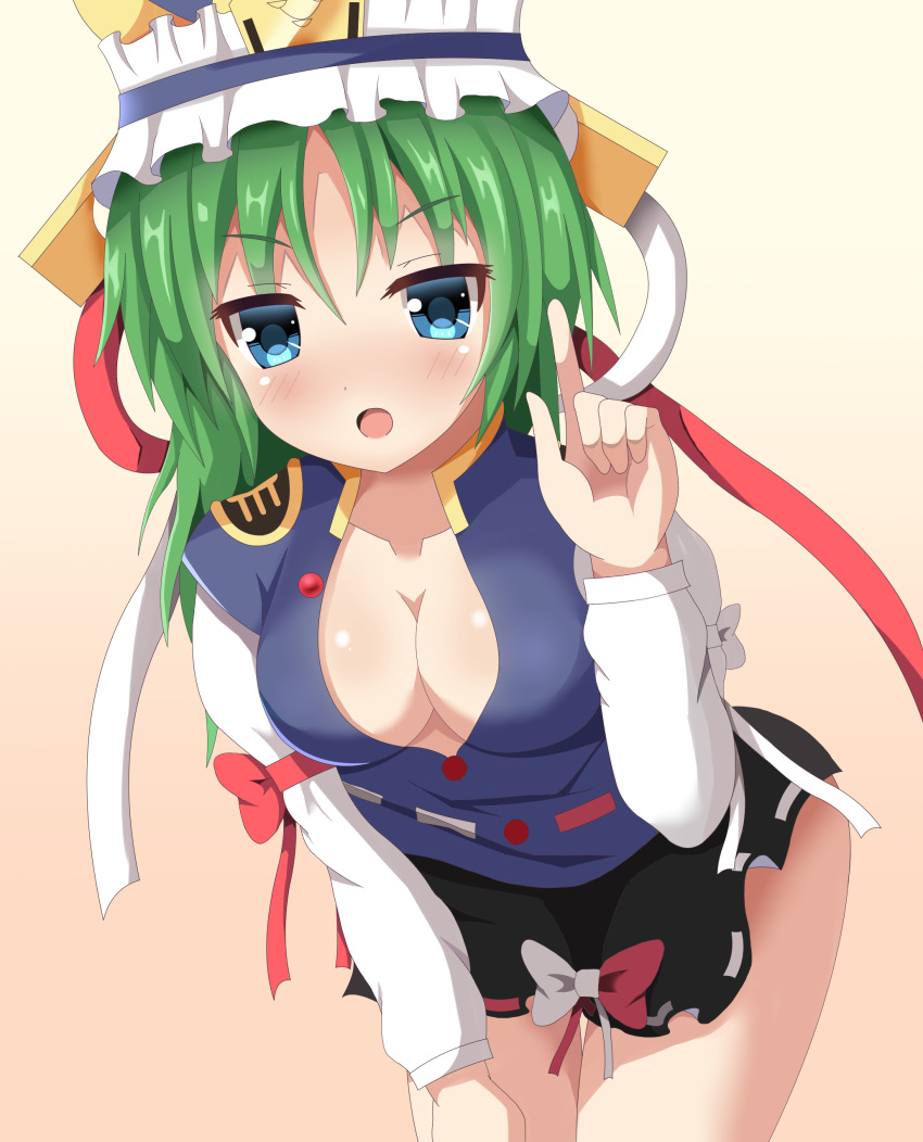 1girl :d absurdres bent_over black_skirt blue_eyes blue_shirt blush breasts buttons cowboy_shot downblouse eyebrows eyebrows_visible_through_hair foreshortening frilled_hat frills green_hair guard_bento_atsushi hanging_breasts hat highres index_finger_raised looking_at_viewer miniskirt mob_cap open_mouth pointy_ears shiki_eiki shiny shiny_skin shirt short_hair skirt smile solo standing thigh_gap touhou uniform