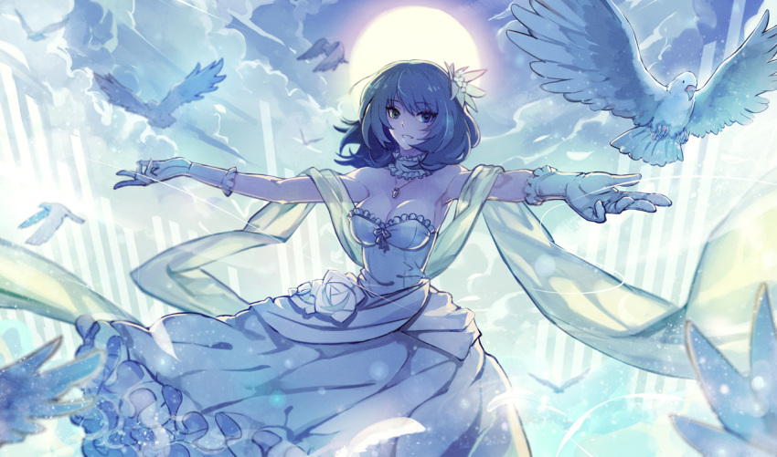 1girl :d animal backlighting bangs bare_shoulders bird blue_eyes bow breasts brown_hair cleavage clouds detached_collar dress eyebrows eyebrows_visible_through_hair feathers flower frills gloves green_eyes hair_flower hair_ornament heterochromia idolmaster idolmaster_cinderella_girls jewelry lens_flare light_particles looking_at_viewer mole mole_under_eye necklace open_mouth outstretched_arms pendant ryuuzaki_ichi shawl short_hair sky smile solo spread_arms strapless strapless_dress takagaki_kaede white_dress white_gloves