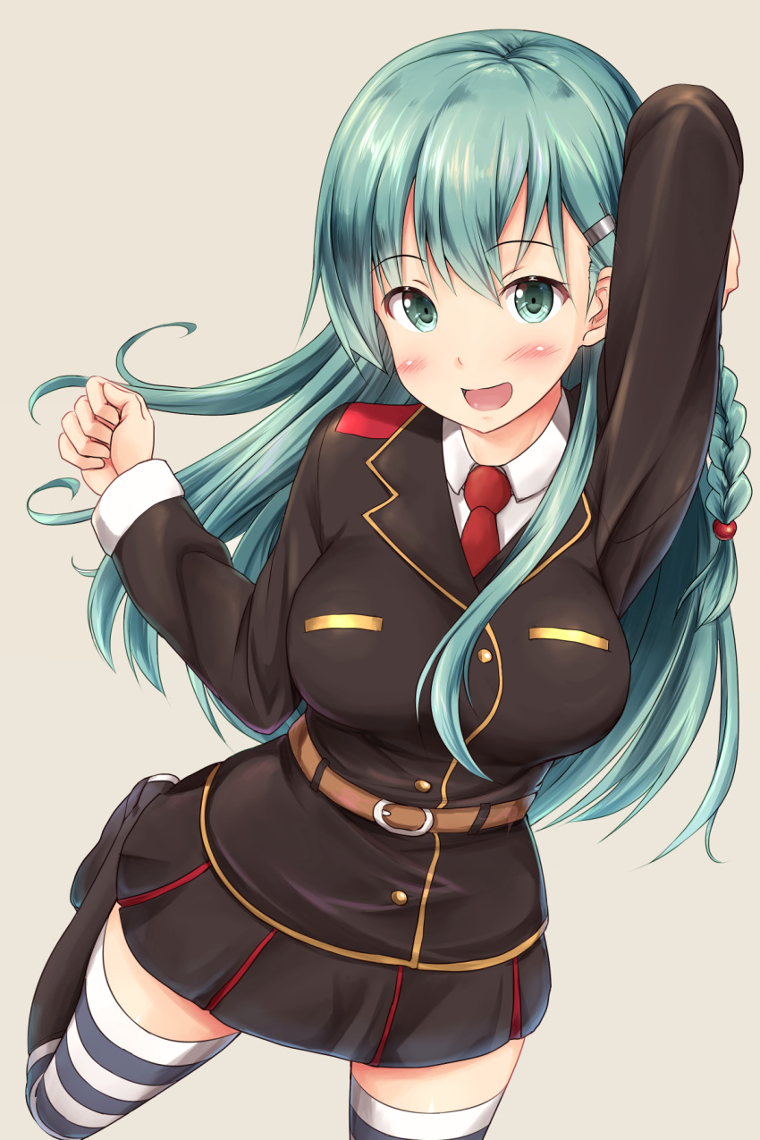 1girl alternate_costume aqua_hair arm_up belt blush boots braid breasts buttons clenched_hand cosplay green_hair hair_ornament hair_tie hairclip high_school_fleet highres ichikawa_feesu jacket kantai_collection knee_boots large_breasts long_hair long_sleeves looking_at_viewer military military_uniform necktie open_mouth red_necktie single_braid skirt smile solo striped striped_legwear suzuya_(kantai_collection) thigh-highs uniform wilhelmina_braunschweig_ingenohl_friedeburg wilhelmina_braunschweig_ingenohl_friedeburg_(cosplay) zettai_ryouiki