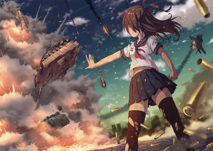 1girl airplane aki_(akisora_hiyori) arm_at_side belly_peek black_legwear black_skirt brown_hair building burning burnt_clothes city clenched_hand clouds commentary_request condensation_trail damaged debris dust dust_cloud explosion f-35_lightning_ii falling fire floating_hair from_below highres legs_apart light_particles long_hair military military_vehicle miniskirt motion_blur navel open_\m/ original outdoors outstretched_arm pleated_skirt school_uniform serafuku shade shell_casing short_sleeves skirt sky skyscraper smoke solo standing stryker tank thigh-highs torn_clothes torn_skirt torn_thighhighs two_side_up upshirt upskirt vehicle vehicle_request