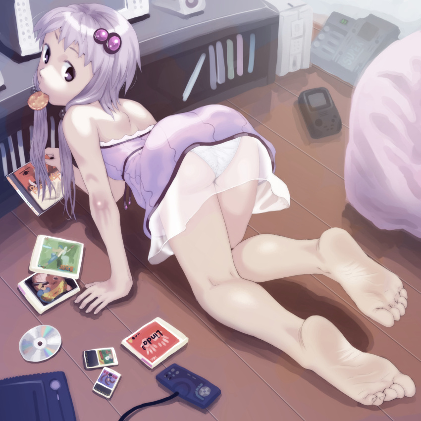 1girl all_fours ass back bare_shoulders barefoot cd cd_case dress feet game_boy hair_ornament handheld_game_console highres legs long_hair looking_back low_twintails mouth_hold panties pantyshot pc_engine purple_hair see-through short_dress soles solo soon toes twintails underwear violet_eyes vocaloid voiceroid yuzuki_yukari