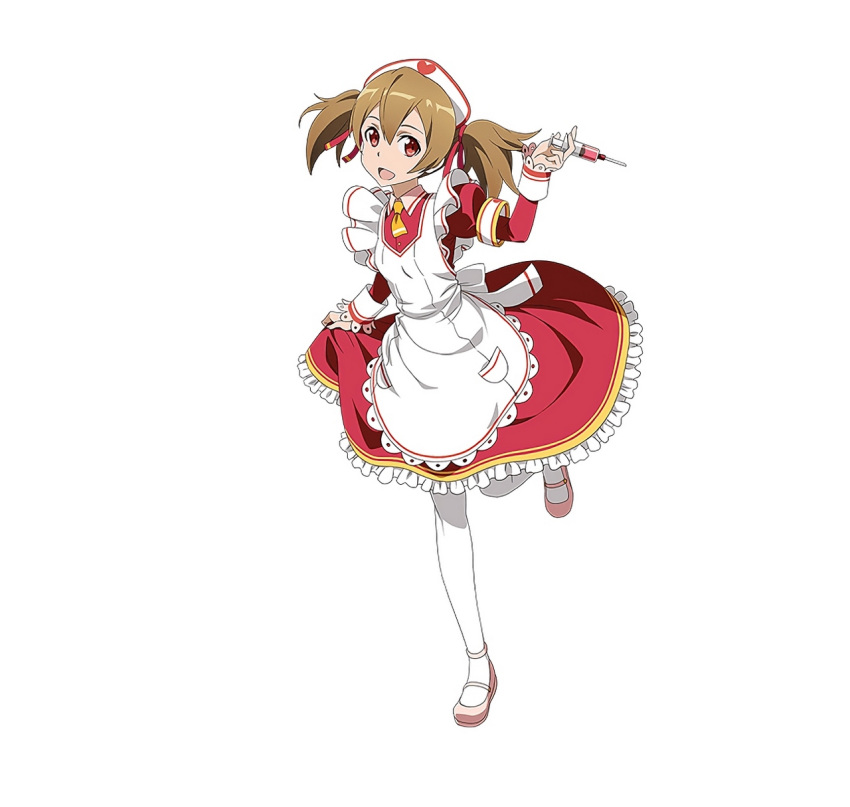 1girl :d apron armband ascot bangs brown_hair dress full_body hair_ribbon hand_up hat heart highres holding juliet_sleeves long_hair long_sleeves looking_at_viewer nurse nurse_cap official_art open_mouth pantyhose pink_shoes puffy_sleeves red_dress red_eyes ribbon shoes silica simple_background skirt_hold smile solo sword_art_online sword_art_online:_code_register syringe twintails upscaled white_background white_legwear