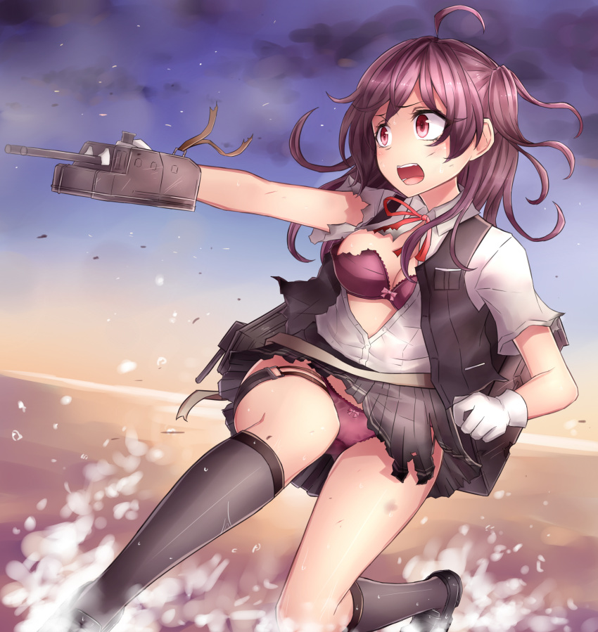 1girl absurdres ahoge bangs bow bow_bra bra cannon commentary_request gloves hagikaze_(kantai_collection) highres kantai_collection neit_ni_sei ocean open_mouth panties pantyshot pantyshot_(standing) pleated_skirt purple_bra purple_hair rigging school_uniform shirt side_ponytail skirt sky solo standing thigh-highs torn_clothes torn_shirt torn_skirt underwear vest violet_eyes