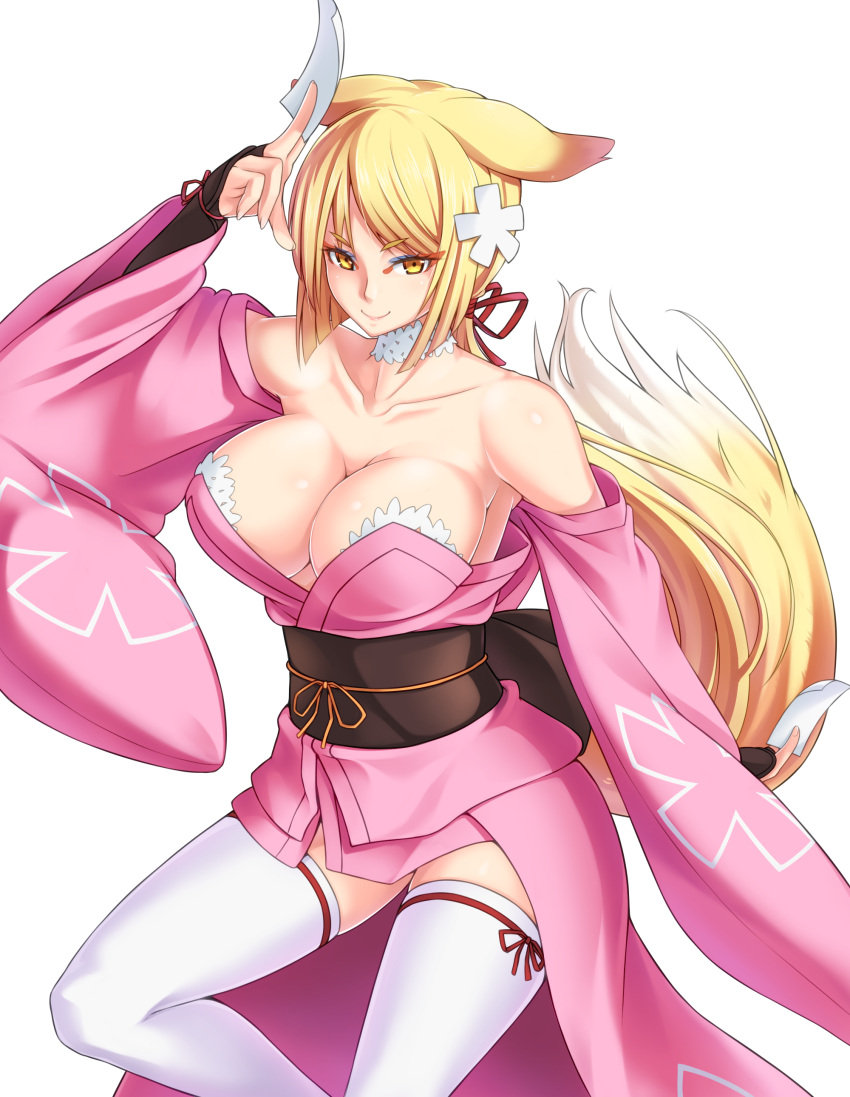 &gt;:) 1girl abe_no_seimei_(eiyuu_senki) absurdres animal_ears bare_shoulders blonde_hair breasts choker cleavage collarbone commentary_request cowboy_shot detached_sleeves eiyuu_senki eyeshadow fox_ears fox_tail hair_ornament hair_ribbon highres japanese_clothes kimono large_breasts long_hair long_sleeves looking_at_viewer low_ponytail makeup momiji_mikan no_bra obi off_shoulder ofuda red_ribbon ribbon sash simple_background smile solo tail thigh-highs tied_hair tsurime white_background white_legwear wide_sleeves yellow_eyes
