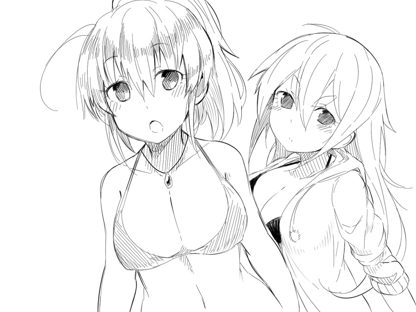 &gt;:| 2girls :o :| ahoge bikini bikini_top blush breasts cleavage closed_mouth copyright_request expressionless eyebrows greyscale highres hood hood_down hooded_jacket jacket jewelry large_breasts long_sleeves makiya_1919 monochrome multiple_girls navel necklace open_clothes open_jacket open_mouth pendant pom_pom_(clothes) ponytail short_hair simple_background sketch sleeves_pushed_up stomach swimsuit tareme thick_eyebrows upper_body white_background