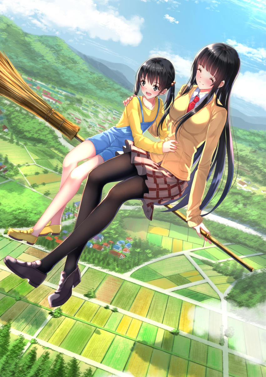 2girls :d ^_^ arm_at_side arm_support bangs black_hair black_shoes blue_sky blunt_bangs blush broom broom_riding building cardigan closed_eyes closed_mouth clouds collarbone collared_shirt dutch_angle eyebrows eyebrows_visible_through_hair flying flying_witch hair_bobbles hair_ornament hand_on_another's_shoulder highres holding house kowata_makoto kuramoto_chinatsu loafers long_hair long_sleeves looking_down miniskirt mountain multiple_girls necktie open_mouth outdoors overalls pantyhose plaid plaid_skirt pleated_skirt red_necktie rice_paddy school_uniform shirt shoes sidesaddle skirt sky smile swordsouls tree twintails village white_shirt yellow_shirt yellow_shoes