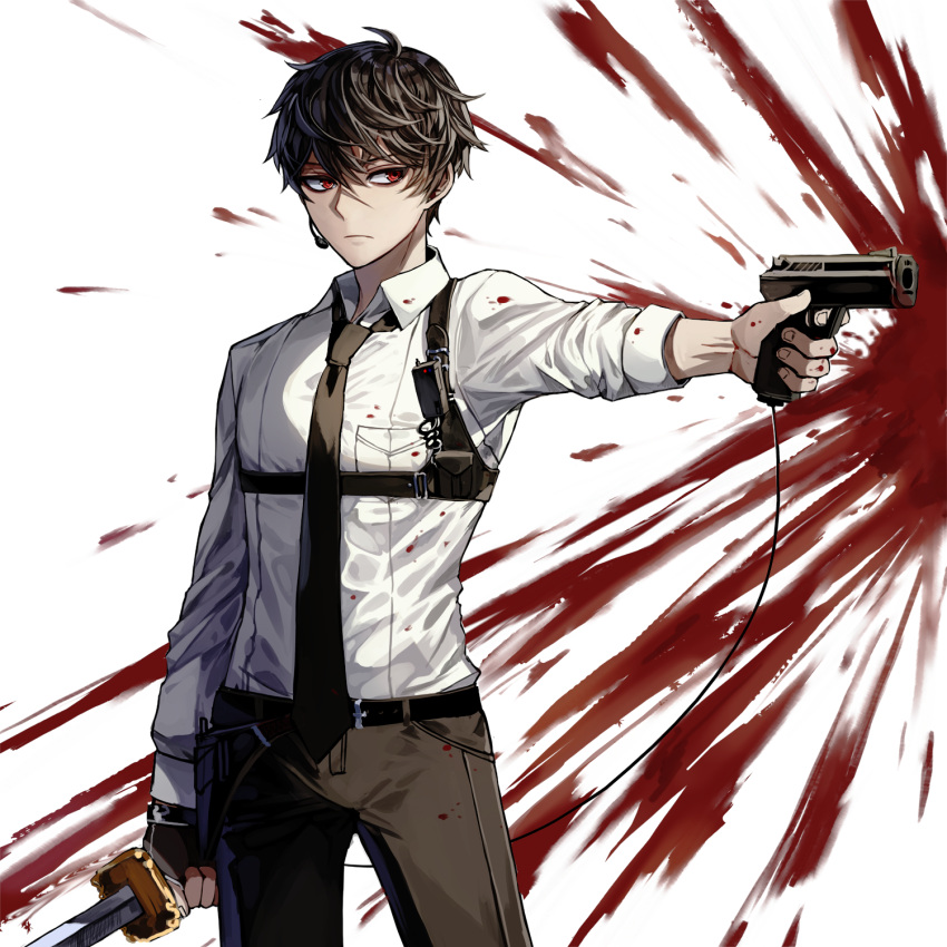 1boy arm_at_side belt belt_buckle belt_pouch black_necktie blood blood_splatter brown_hair brown_pants buckle closed_mouth collared_shirt cowboy_shot dress_shirt dual_wielding expressionless fingernails gun handgun highres holding holding_gun holding_weapon legs_apart limobok long_sleeves looking_to_the_side male_focus necktie original outstretched_arm pants pistol pocket red_eyes shirt simple_background sleeves_folded_up solo standing unsheathed weapon white_background white_shirt wing_collar wire