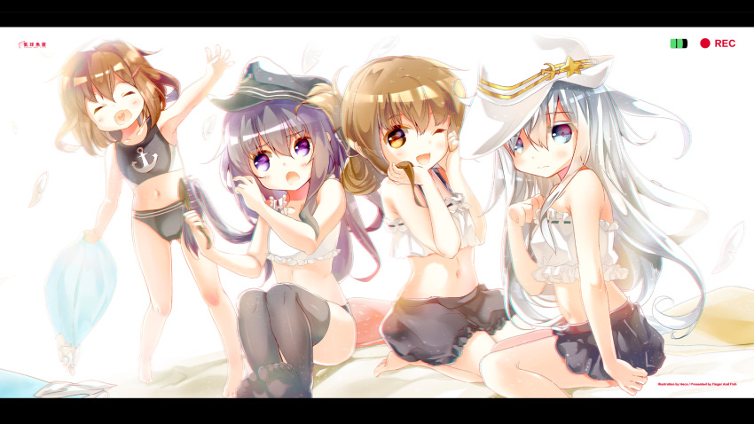4girls akatsuki_(kantai_collection) anchor_symbol brown_eyes brown_hair child chromatic_aberration closed_eyes commentary_request feathers flat_cap folded_ponytail hair_brush hair_brushing hair_ornament hairclip hammer_and_sickle hat heart heart_in_mouth heco_(mama) hibiki_(kantai_collection) highres ikazuchi_(kantai_collection) inazuma_(kantai_collection) kantai_collection long_hair looking_at_viewer midriff multiple_girls navel one_eye_closed open_mouth panties pillow pillow_fight purple_hair recording ribbon-trimmed_underwear ribbon_trim ripped_pillow seiza short_hair silver_hair sitting skirt sports_bra thigh-highs underwear underwear_only verniy_(kantai_collection) violet_eyes wavy_mouth