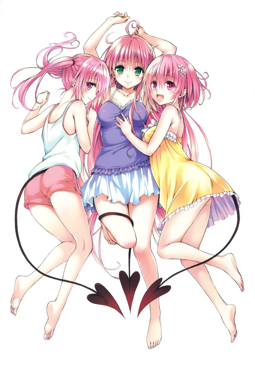 3girls :d absurdres ahoge armpits arms_up ass bare_legs bare_shoulders barefoot blush breast_grab breasts camisole demon_tail dress feet flower full_body girl_sandwich grabbing green_eyes hair_flower hair_ornament highres lala_satalin_deviluke large_breasts long_hair looking_at_viewer miniskirt momo_velia_deviluke multiple_girls nana_asta_deviluke official_art open_mouth pink_eyes pink_hair sandwiched scan short_dress short_hair short_shorts shorts siblings simple_background sisters skirt smile soles tail to_love-ru to_love-ru_darkness toes twintails very_long_hair white_background yabuki_kentarou yellow_dress
