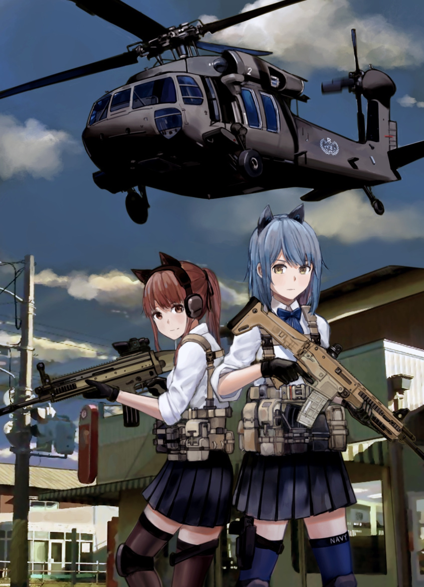 2girls aircraft animal_ears assault_rifle atlanta_(warship_girls_r) blue_hair bow bowtie brown_eyes building cat_ears city clouds commentary gloves gun hair_tie handgun headset helicopter highres holster juneau_(warship_girls_r) kemonomimi_mode knee_pads load_bearing_vest long_hair looking_at_viewer looking_back medium_hair military multiple_girls pistol pleated_skirt ponytail power_lines red_eyes redhead rifle school_uniform shielldsiri skirt sky sleeves_rolled_up smile thigh-highs thigh_holster traffic_light trigger_discipline uh-60_blackhawk warship_girls_r weapon weapon_request zettai_ryouiki