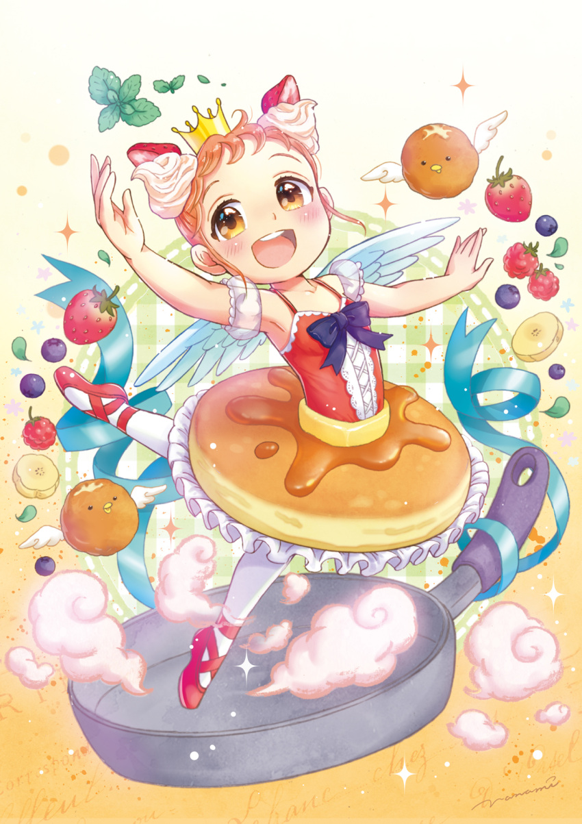 1girl :d armpits ballerina banana_slice black_bow blue_ribbon blueberry bow brown_eyes brown_hair bubble_skirt crown dancing food food_as_clothes food_themed_clothes frilled_skirt frills fruit frying_pan full_body gradient gradient_background highres morinaga_(brand) nanami_tomorou open_mouth orange_background original pancake pantyhose personification red_shoes ribbon shoes short_hair skirt smile solo standing_on_one_leg steam strawberry whipped_cream white_background wings