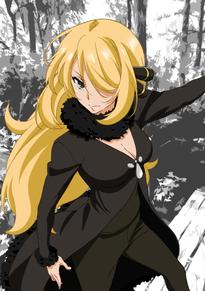1girl black_coat black_pants blonde_hair breasts cleavage fur-trimmed_sleeves fur_collar fur_trim hair_over_one_eye highres long_hair long_sleeves looking_at_viewer outstretched_arm pants partially_colored pokemon pokemon_(game) pokemon_dppt shirona_(pokemon) solo very_long_hair yuukami_(wittsu)