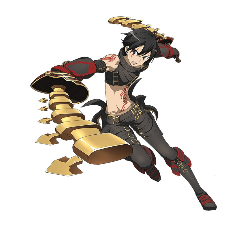 .hack// .hack//g.u. 1boy black_eyes black_hair cosplay detached_sleeves dual_wielding haseo_(.hack//) highres holding holding_sword holding_weapon kirito official_art open_mouth short_hair simple_background solo sword sword_art_online sword_art_online:_code_register tattoo weapon white_background