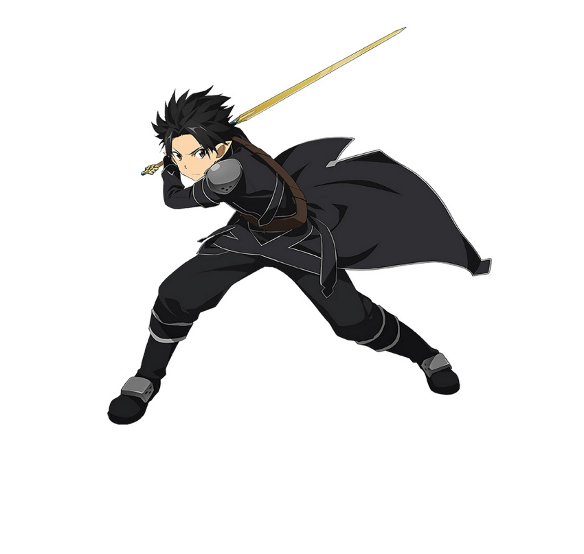 1boy black_clothes black_eyes black_hair highres holding holding_sword holding_weapon kirito kirito_(sao-alo) male_focus official_art pointy_ears short_hair simple_background solo spaulders sword sword_art_online sword_art_online:_code_register weapon white_background