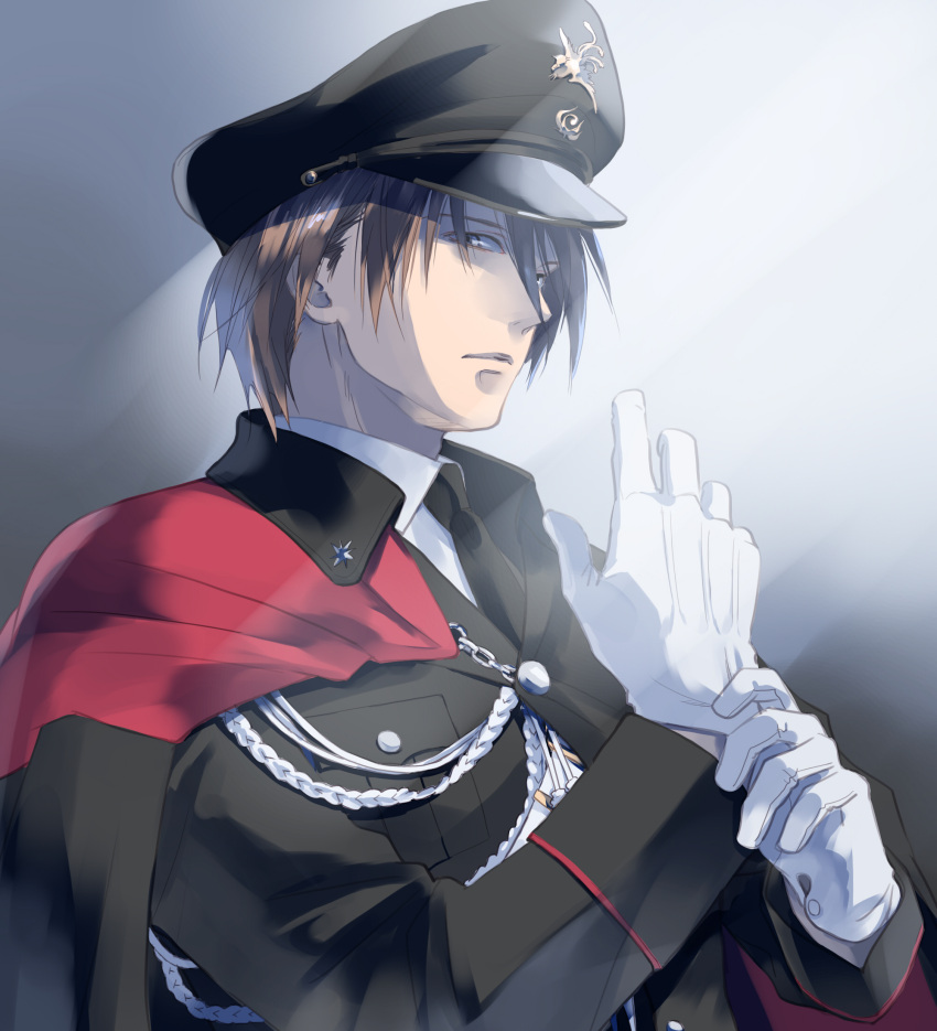 1boy aiguillette black_hat black_jacket blue_eyes blue_hair brown_hair buttons cape closed_mouth dressing expressionless getbackers gloves gradient_hair hat highres jacket kakei_juubei long_sleeves looking_at_viewer military military_uniform multicolored_hair papillon10 peaked_cap pocket red_cape sleeve_cuffs solo uniform upper_body white_gloves wing_collar