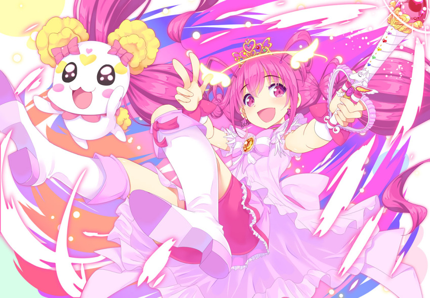 1girl :3 :d antenna_hair bike_shorts boots bow candy_(smile_precure!) choker creature cure_happy earrings hoshizora_miyuki jewelry knee_boots long_hair looking_at_viewer magical_girl open_mouth pink pink_eyes pink_hair pink_skirt precure princess_form_(smile_precure!) sabano_niwatori shorts_under_skirt skirt smile smile_precure! striped striped_bow tiara twintails wand white_boots wrist_cuffs