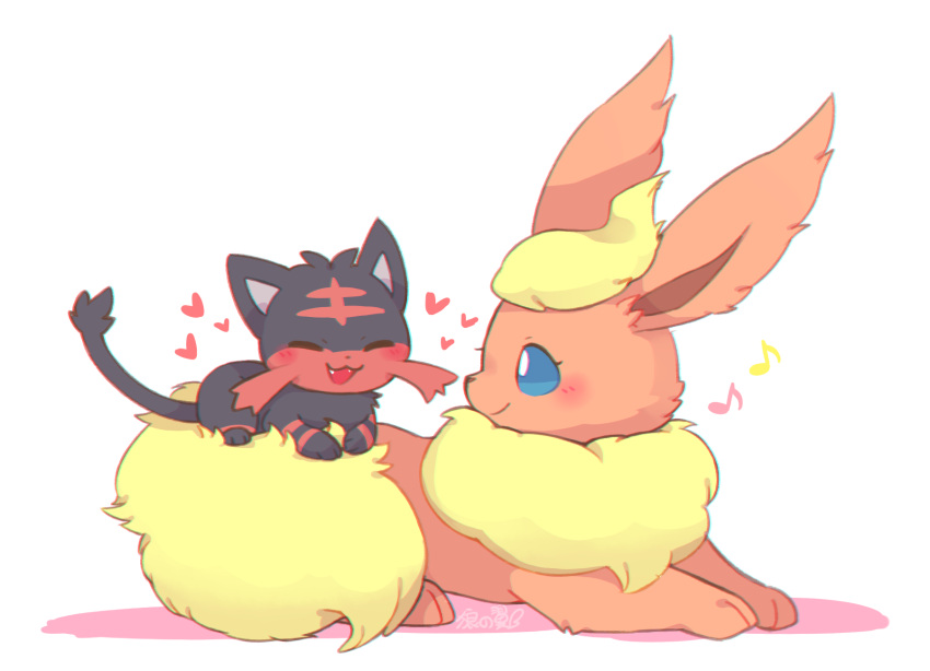 :3 ^_^ closed_eyes closed_mouth flareon heart highres litten_(pokemon) lovewolf5122 musical_note no_humans pokemon pokemon_(creature) pokemon_(game) pokemon_sm quaver smile