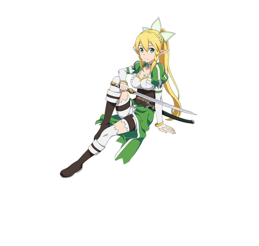 1girl blonde_hair breasts cleavage collar green_eyes hair_ornament highres holding holding_sword holding_weapon leafa long_hair looking_at_viewer official_art pointy_ears simple_background sitting smile solo sword sword_art_online sword_art_online:_code_register weapon white_background