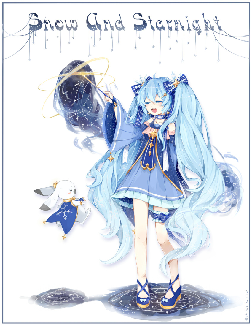 1girl 2017 artist_name blue_hair character_name closed_eyes detached_sleeves dress hatsune_miku highres long_hair nishina_hima open_mouth rabbit snowflakes solo twintails very_long_hair vocaloid wand white_background yuki_miku yukine_(vocaloid)