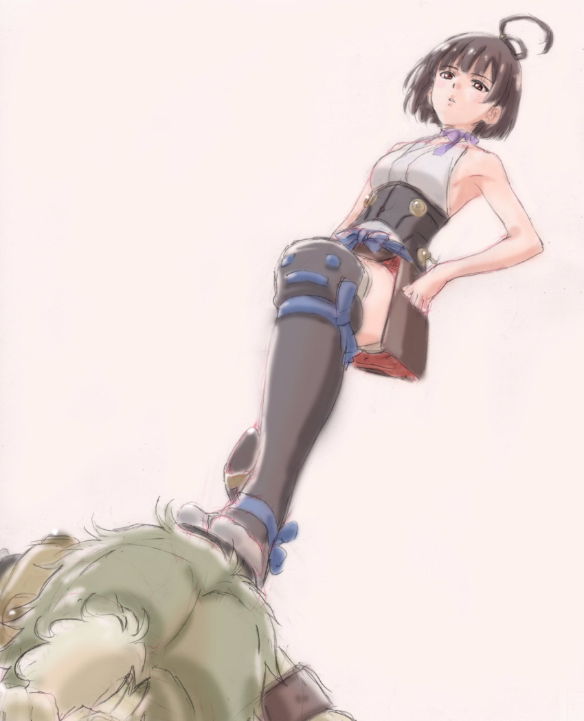 1boy 1girl ahoge armpits artist_request bare_arms bare_shoulders beige_background blue_ribbon boots brown_boots brown_eyes brown_hair character_request choker corset expressionless foot_on_head green_hair hand_on_hip highres ikoma_(kabaneri) knee_boots koutetsujou_no_kabaneri mumei_(kabaneri) official_art open_mouth purple_ribbon red_skirt ribbon ribbon_choker short_hair short_shorts shorts simple_background skirt sleeveless solo thighs underbust underwear upskirt