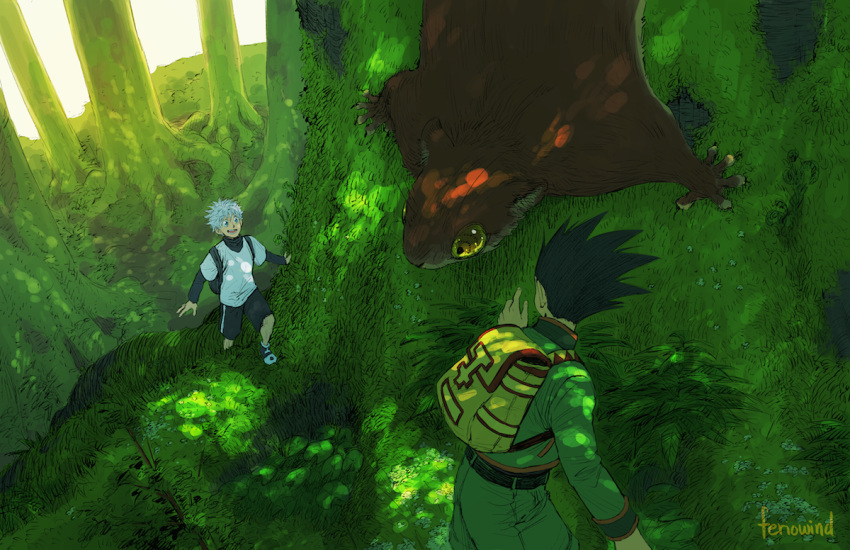 2boys :d animal artist_name back backpack bag black_hair blue_eyes creature dappled_sunlight feriowind flying_squirrel forest gon_freecss grass green green_shorts hunter_x_hunter killua_zoldyck leaf long_sleeves male_focus moss multiple_boys nature open_mouth outdoors oversized_animal pointing shade shoes short_over_long_sleeves silver_hair smile spiky_hair squirrel sunlight tree turtleneck white_hair