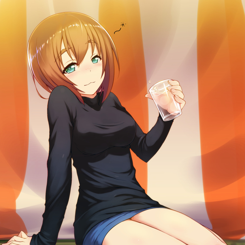 1girl :3 arm_at_side arm_support bangs black_sweater blue_skirt blush breasts brown_hair closed_mouth cup drink drinking_glass eyebrows eyebrows_visible_through_hair eyelashes flying_witch highres holding_drinking_glass inukai_(flying_witch) large_breasts long_sleeves looking_at_viewer miniskirt short_hair sitting skirt smile solo striped sweater takeda_yukimura turtleneck turtleneck_sweater yokozuwari