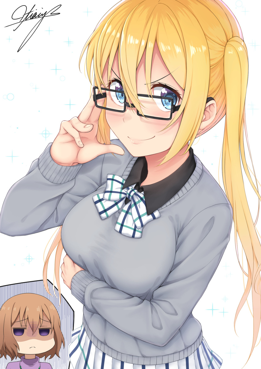 &gt;:) 2girls absurdres bespectacled black-framed_eyewear blend_s blonde_hair blue_eyes bow bowtie breast_hold breasts brown_hair chibi closed_mouth doyagao expressionless glasses grsy_sweater hair_between_eyes highres hinata_kaho hoshikawa_mafuyu inset jitome large_breasts lips long_hair long_sleeves looking_at_viewer multiple_girls ochiai_miyabi plaid plaid_bow plaid_neckwear plaid_skirt pleated_skirt shaded_face signature simple_background skirt smile smug sparkle turn_pale twintails upper_body v-shaped_eyebrows violet_eyes white_background white_skirt wing_collar