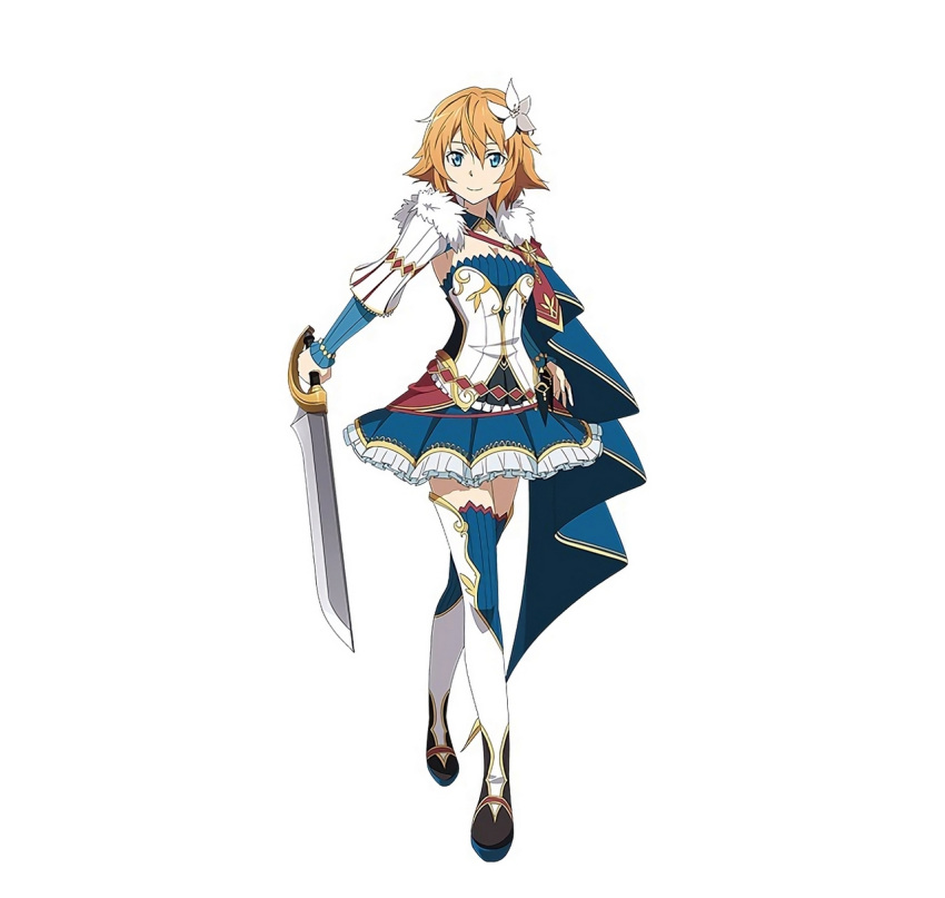 1girl blue_eyes breasts cleavage detached_sleeves flower hair_flower hair_ornament highres holding holding_sword holding_weapon long_hair official_art orange_hair philia_(sao) short_hair simple_background smile solo sword sword_art_online sword_art_online:_code_register thigh-highs weapon white_background