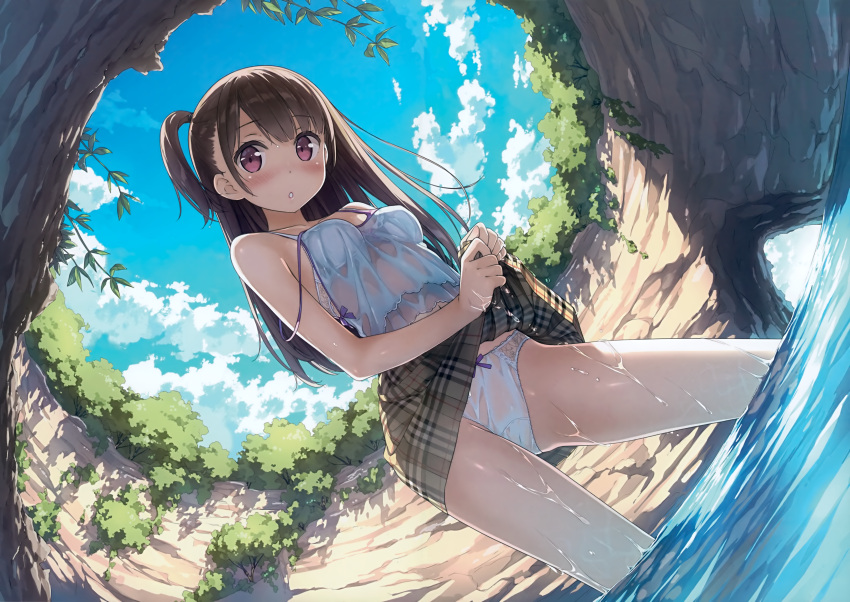 1girl absurdres black_hair blue_skirt blush bow bow_panties bra camisole cowboy_shot dutch_angle fisheye highres huge_filesize kantoku long_hair miniskirt one_side_up original outdoors panties parted_lips plaid plaid_skirt pleated_skirt scan see-through skirt sky solo strap_slip underwear wading water wet wet_clothes white_bra white_panties wringing_clothes wringing_skirt