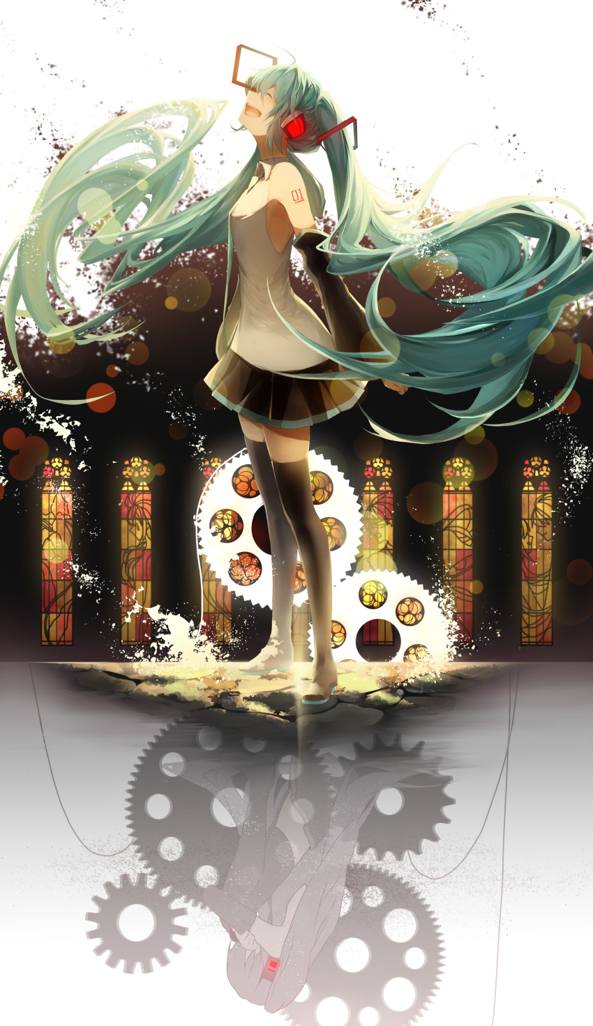 1girl :d absurdres blush boots closed_eyes crossed_arms detached_sleeves different_reflection dual_persona floating_hair from_side gears green_hair hatsune_miku head_down highres lens_flare long_hair looking_up necktie number open_mouth pleated_skirt profile reflection saihate_(artist) shirt sitting skirt sleeveless sleeveless_shirt smile stained_glass standing tears thigh-highs thigh_boots twintails very_long_hair vocaloid