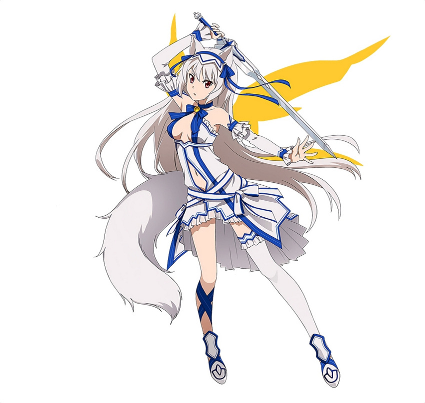 1girl animal_ears asymmetrical_legwear blue_ribbon breasts brown_eyes character_request cleavage hair_ribbon highres holding holding_sword holding_weapon long_hair navel official_art ribbon silver_hair simple_background solo sword sword_art_online sword_art_online:_code_register tail thigh-highs weapon white_background white_legwear wolf_ears wolf_tail