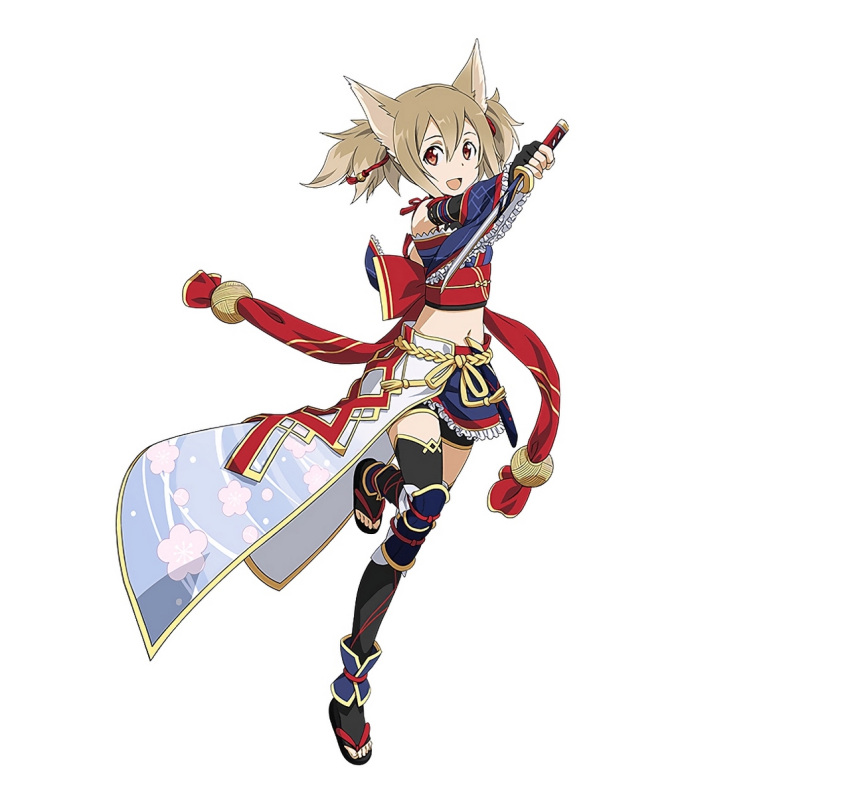 1girl animal_ears armor black_legwear black_shorts brown_hair cat_ears highres holding holding_weapon japanese_clothes long_hair midriff navel official_art open_mouth red_eyes shorts silica silica_(sao-alo) simple_background solo sword_art_online sword_art_online:_code_register thigh-highs twintails white_background