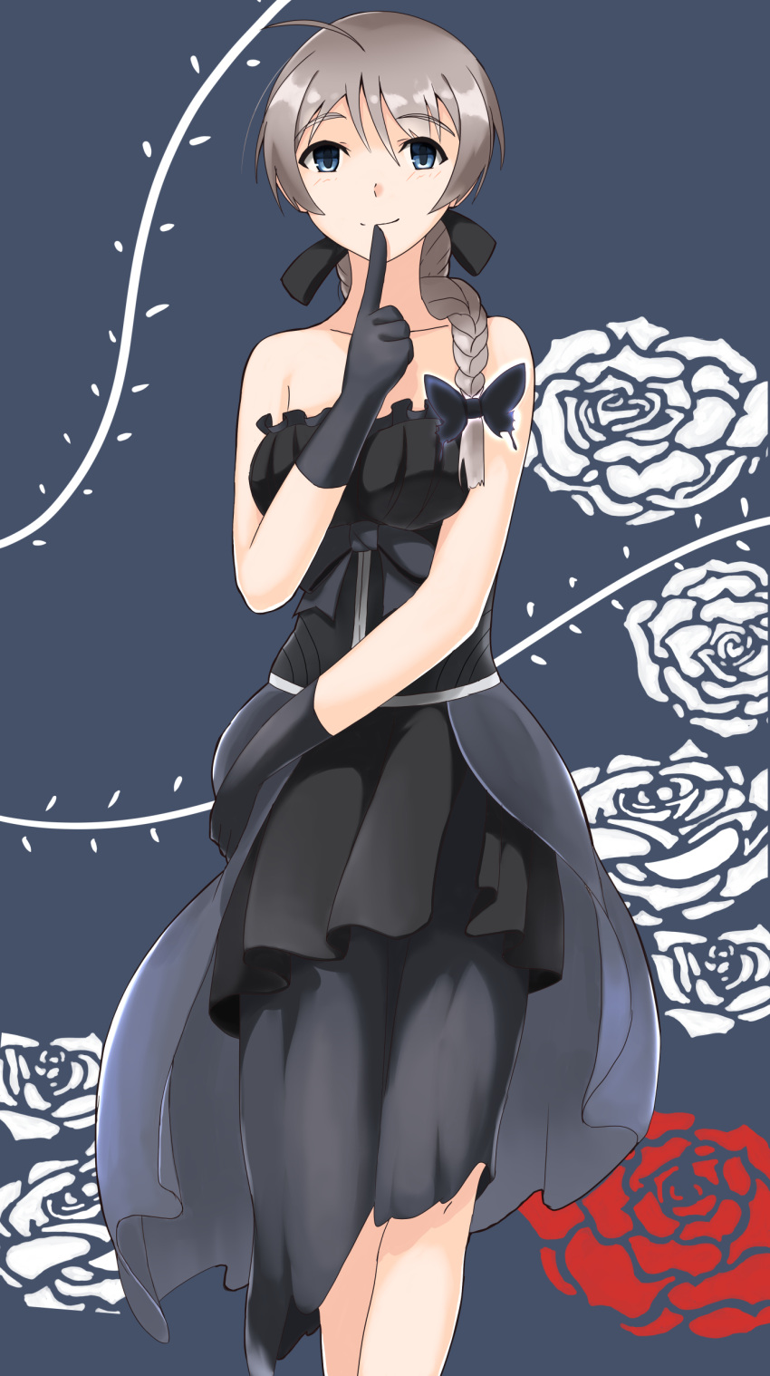 1girl absurdres ahoge alternate_costume bare_shoulders black_gloves blue_eyes blush bow braid dress finger_to_mouth floral_background formal gloves gown grey_hair hair_bow highres hiroshi_(hunter-of-kct) light_smile long_hair lynette_bishop single_braid solo strapless strapless_dress strike_witches