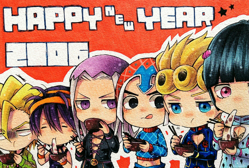 black_eyes black_hair blonde_hair blue_eyes bob_cut bowl braid bruno_buccellati chopsticks closed_eyes crop_top eating giorno_giovanna guido_mista hair_ornament hairband hairclip happy_new_year hat highres jojo_no_kimyou_na_bouken kameron leone_abbachio long_hair marker_(medium) midriff narancia_ghirga new_year no_pupils pannacotta_fugo pink_eyes purple_hair silver_hair single_braid star sweatdrop sweater tongue tongue_out traditional_media turtleneck violet_eyes wristband