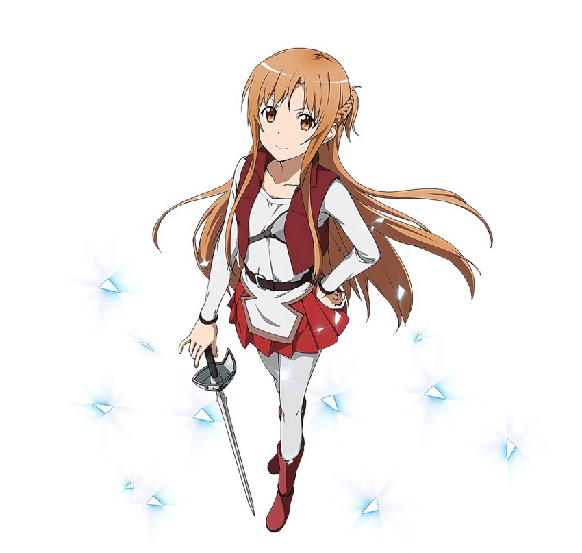 1girl asuna_(sao) brown_eyes brown_hair collarbone hand_on_hip highres long_hair official_art pleated_skirt rapier red_skirt simple_background skirt smile solo sword sword_art_online sword_art_online:_code_register weapon white_background white_legwear