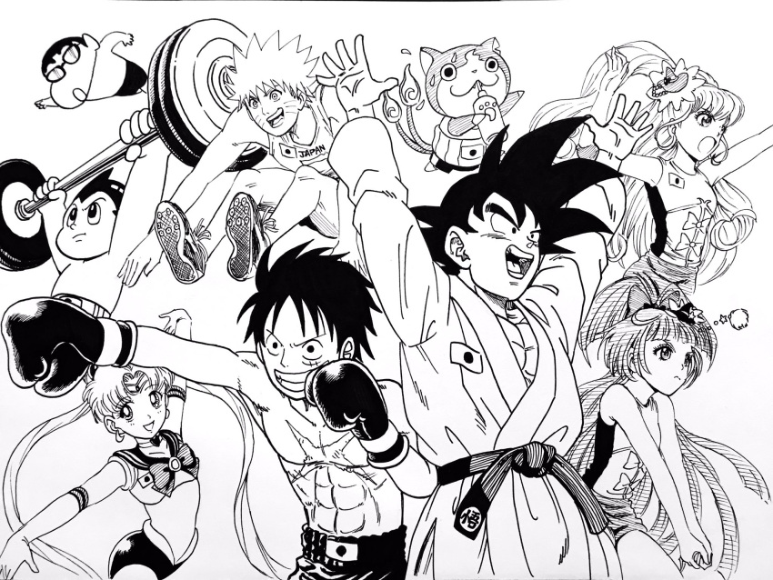 3girls 5boys abs arms_up asahina_mirai atom_(tetsuwan_atom) barbell bare_chest bishoujo_senshi_sailor_moon bottle bow boxing_gloves cat choker circlet commentary_request crayon_shin-chan crossover cure_magical cure_miracle dougi dragon_ball dragon_ball_z drinking elbow_gloves facial_mark frown gloves goggles grin hair_bow hat heart highres ink_(medium) izayoi_liko jersey jibanyan lee_(dragon_garou) leotard long_hair mahou_girls_precure! male_swimwear mini_hat mini_witch_hat monkey_d_luffy monochrome multiple_boys multiple_girls multiple_tails muscle naruto naruto_shippuuden nohara_shinnosuke notched_ear olympics one_piece open_hands open_mouth parody precure sailor_moon scar serious shoes short_shorts shorts sidelocks smile sneakers son_gokuu swim_trunks swimwear tail tetsuwan_atom traditional_media tsukino_usagi twintails two_tails uzumaki_naruto weightlifting witch_hat youkai youkai_watch
