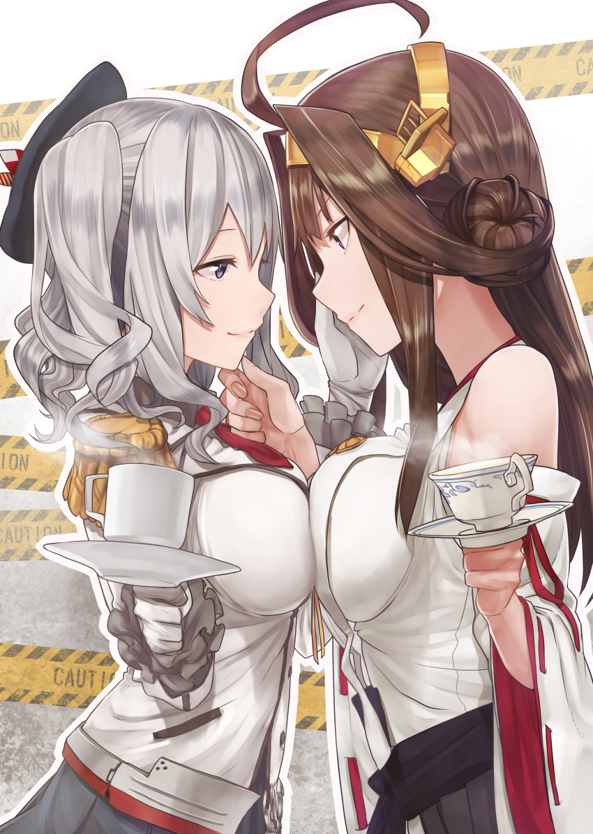 2girls absurdres ahoge baffu bare_shoulders beret breast_press breasts brown_hair closed_mouth commentary_request cup detached_sleeves double_bun epaulettes eye_contact frilled_sleeves frills gloves hairband hat headgear highres japanese_clothes kantai_collection kashima_(kantai_collection) kongou_(kantai_collection) large_breasts long_hair looking_at_another military military_uniform mug multiple_girls nontraditional_miko plate ribbon-trimmed_sleeves ribbon_trim short_hair silver_hair smile symmetrical_docking teacup twintails uniform wavy_hair white_gloves yuri