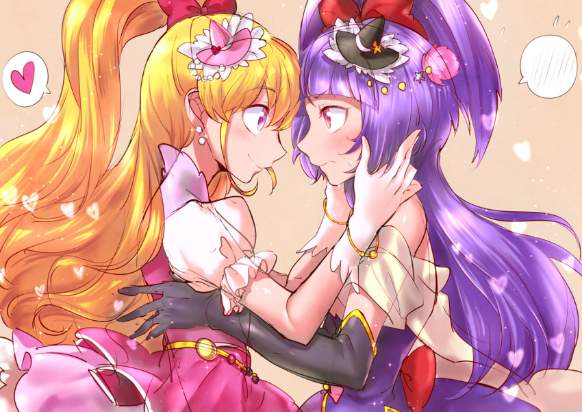 2girls asahina_mirai blonde_hair cure_magical cure_miracle eye_contact gloves hat heart izayoi_liko long_hair looking_at_another magical_girl mahou_girls_precure! mini_hat mini_witch_hat multiple_girls precure profile purple_hair red_eyes sketch speech_bubble spoken_heart tsuru_ringo violet_eyes white_gloves witch_hat yuri