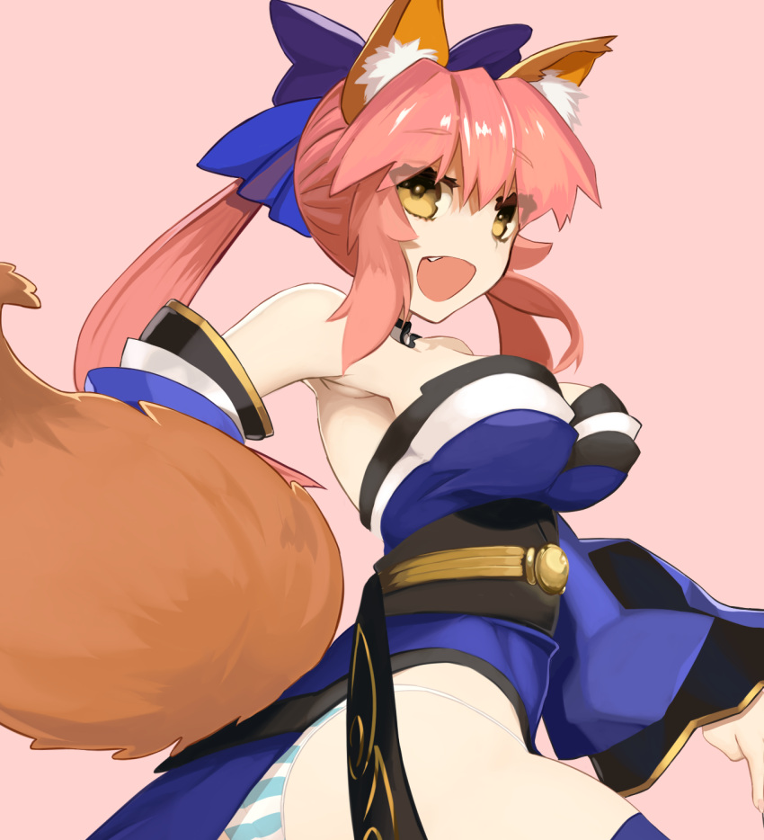 1girl animal_ears blue_legwear breasts caster_(fate/extra) detached_sleeves dh_ead fang fate/extra fate/grand_order fate_(series) fox_ears fox_tail hair_ribbon highres japanese_clothes large_breasts looking_at_viewer open_mouth panties pink_background pink_hair ribbon simple_background solo striped striped_panties tail underwear yellow_eyes