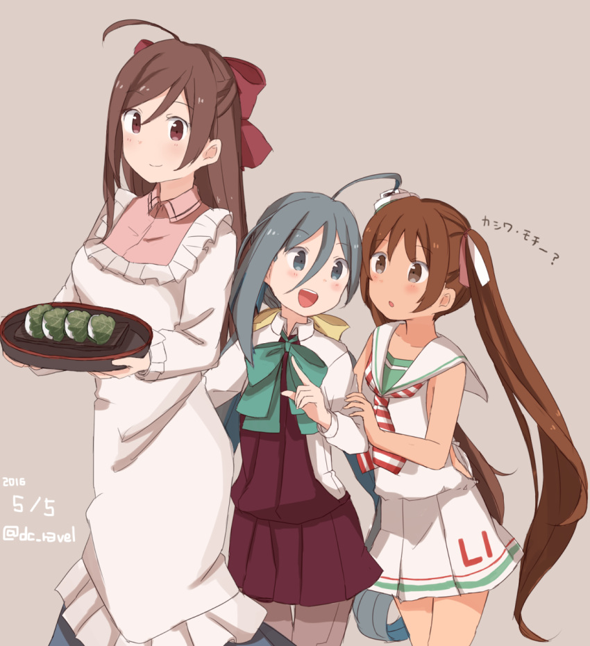 3girls :d ahoge apron artist_name blue_hair blush bow bowtie brown_eyes brown_hair clothes_writing commentary_request dated dress food grey_eyes grey_hair hair_between_eyes hair_bow hair_ribbon hand_on_another's_arm highres index_finger_raised kantai_collection kappougi kashiwa_mochi_(food) kiyoshimo_(kantai_collection) kodomo_no_hi libeccio_(kantai_collection) long_hair low_twintails mamiya_(kantai_collection) multicolored_hair multiple_girls neckerchief open_mouth ribbon riz_(ravel_dc) sailor_dress shirt simple_background sleeveless sleeveless_dress smile translation_request tray twintails very_long_hair white_shirt