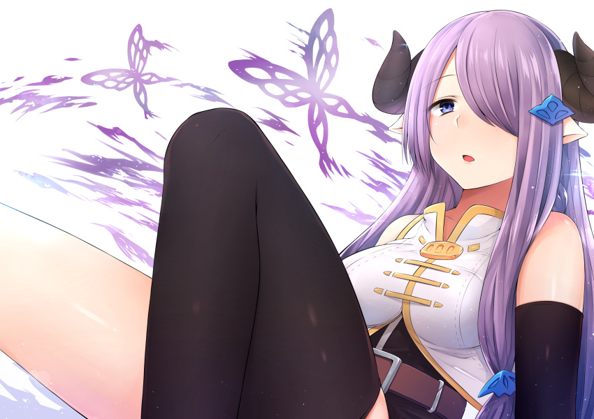 1girl :o absurdres akky_(akimi1127) animal bare_legs bare_shoulders belt belt_buckle black_gloves blush breasts buckle butterfly coat elbow_gloves gloves granblue_fantasy hair_ornament hairclip highres horns insect large_breasts long_hair looking_at_viewer low-tied_long_hair narumeia_(granblue_fantasy) open_mouth pink_hair pointy_ears simple_background single_thighhigh sitting solo tareme thigh-highs violet_eyes white_background white_coat