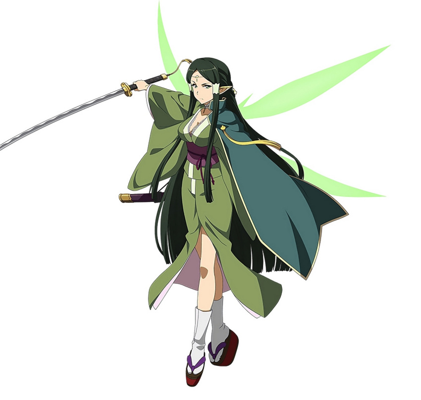 1girl black_hair breasts cleavage full_body green_eyes highres holding holding_sword holding_weapon japanese_clothes katana kimono long_hair obi official_art pointy_ears sakuya_(sao) sandals sash simple_background solo sword sword_art_online sword_art_online:_code_register tabi upscaled very_long_hair weapon white_background