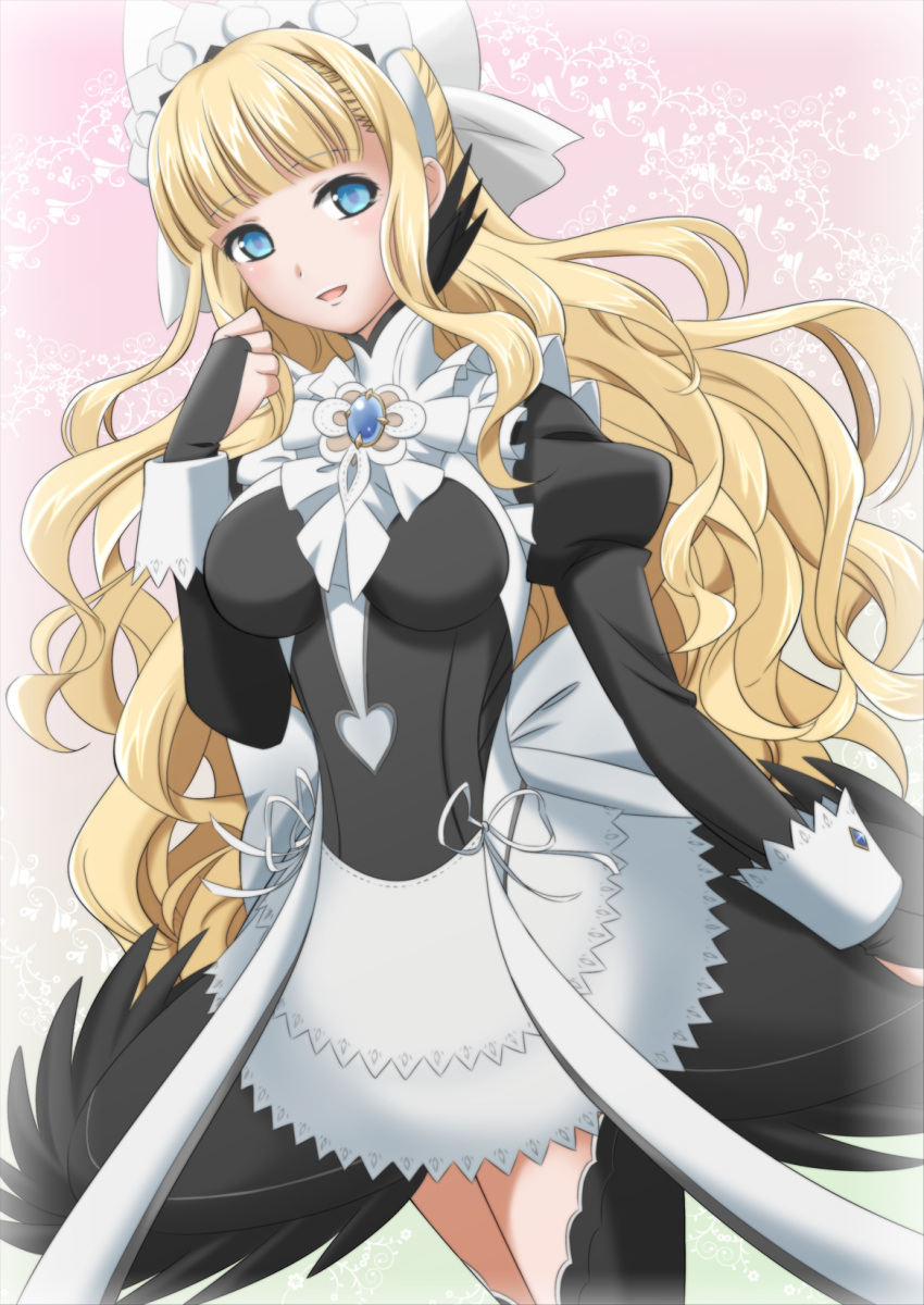 1girl alternate_costume apron bangs blonde_hair blue_eyes bow charlotte_(fire_emblem_if) curly_hair enmaided fire_emblem fire_emblem_if highres kakiko210 long_hair maid maid_apron maid_headdress open_mouth pink_background solo
