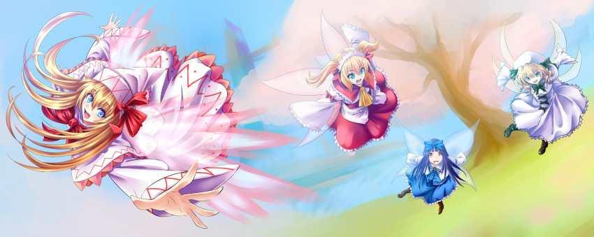 4girls :d ascot black_bow black_ribbon blue_bow blush bow bowtie cherry_blossoms commentary_request dress fairy_wings flying frilled_dress frills full_body hair_bow hair_ribbon hat hat_ribbon highres hijikawa_arashi juliet_sleeves lily_white long_sleeves looking_at_viewer luna_child mob_cap multiple_girls open_mouth outstretched_arms puffy_sleeves red_bow red_ribbon ribbon smile star_sapphire sunny_milk touhou twintails two_side_up wings