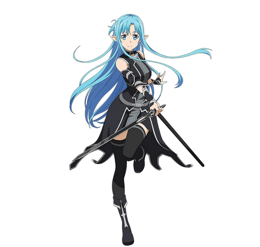1girl asuna_(sao) asuna_(sao-alo) black_clothes black_legwear blue_eyes blue_hair detached_sleeves highres holding holding_sword holding_weapon long_hair looking_at_viewer official_art pointy_ears simple_background smile solo sword sword_art_online sword_art_online:_code_register thigh-highs weapon white_background